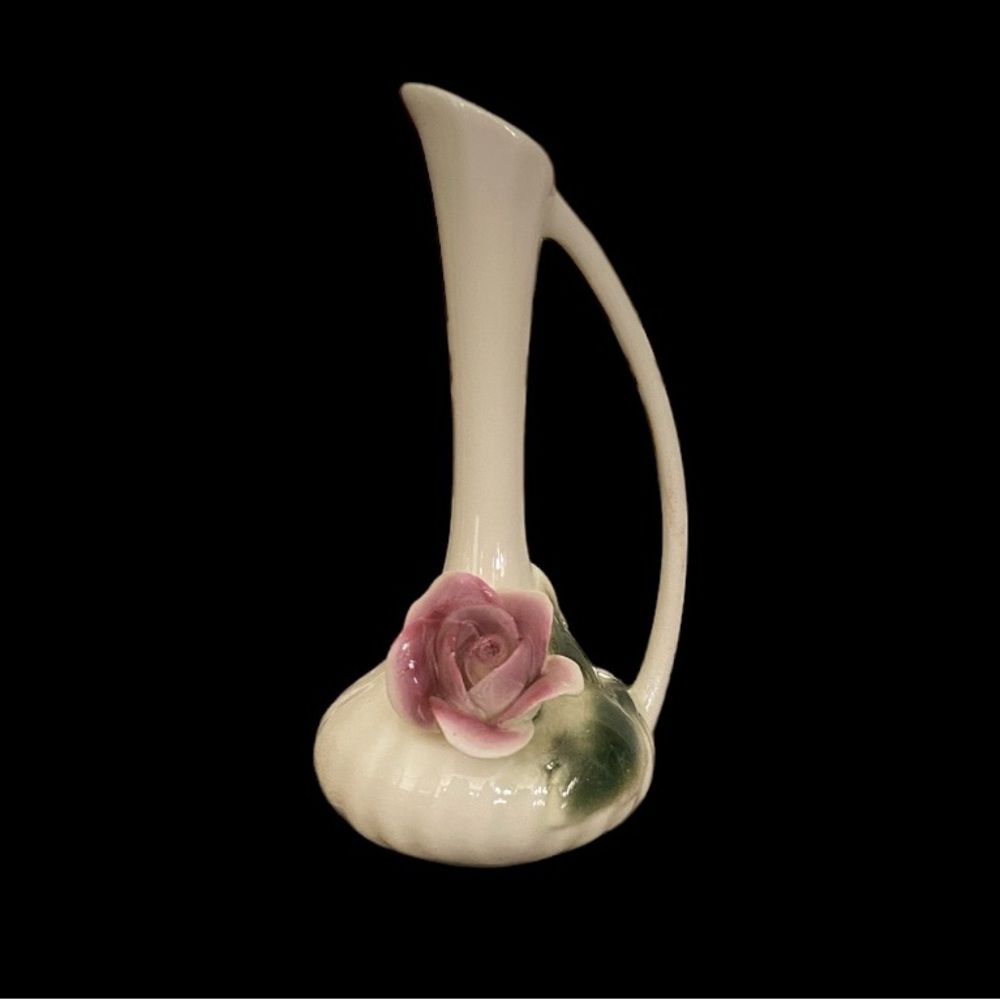 Vintage Mid Century Ceramic Ewer Bud Vase Pair 3D Pink Rose Set of 2